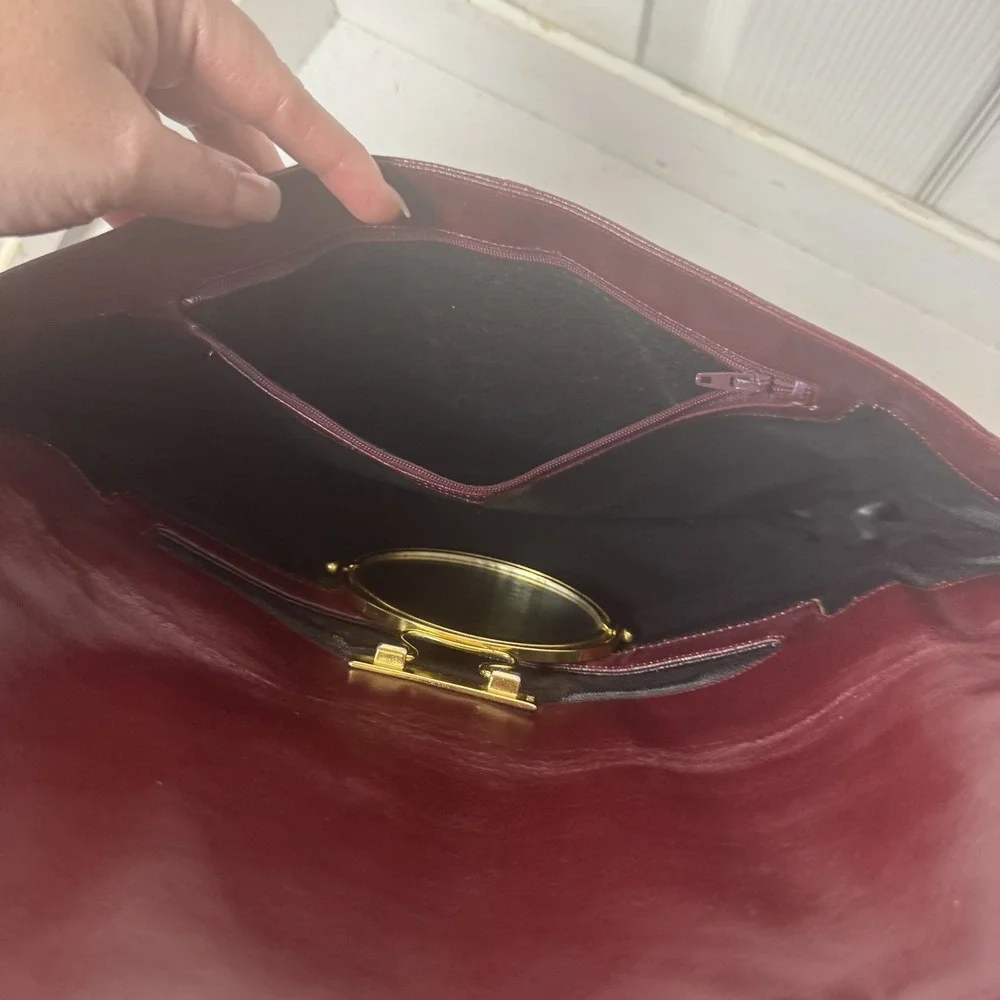 Lou Taylor Purse‎ Red Handbag Messenger Leather VTG Pop Up Hinged Mirror Italy
